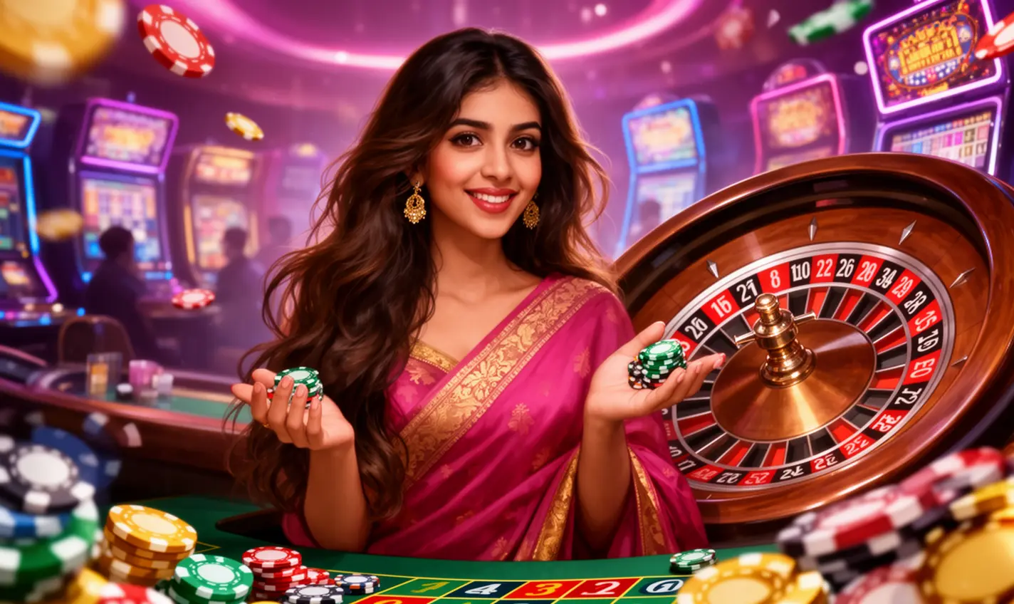 Confident Bangladeshi casino player holding colorful chips in front of a glowing roulette wheel representing premium gaming and bonus rewards at 84BD