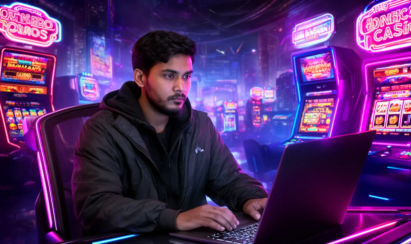 Focused Bangladeshi player using a laptop in a neon casino setting with digital slot machines representing modern online gaming at 84BD