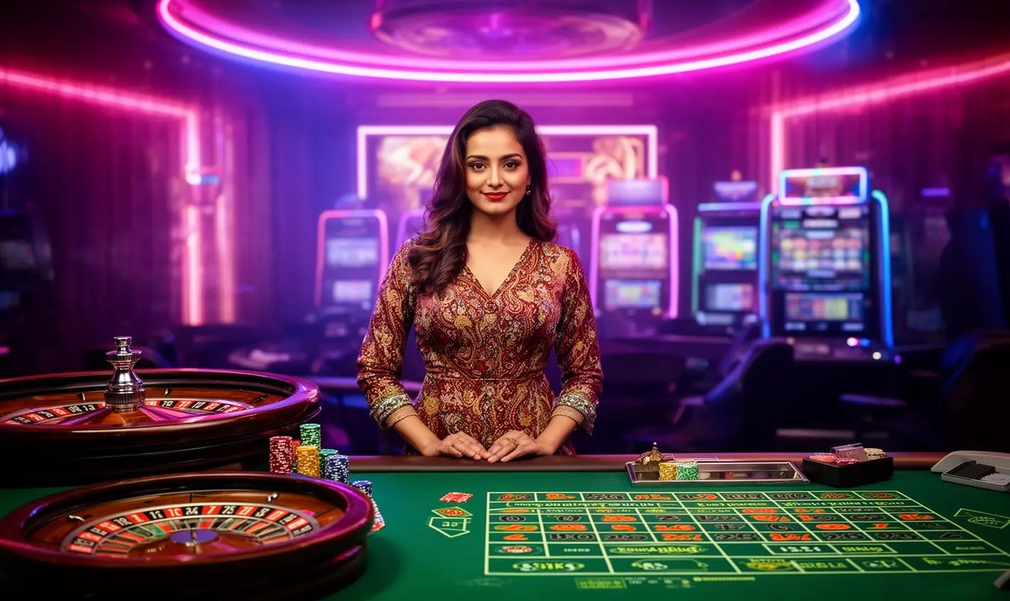 A professional Bangladeshi live casino dealer in a red uniform standing at a roulette table surrounded by vibrant neon lights representing the premium 84BD casino environment