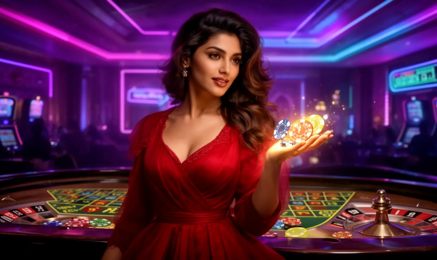 Confident casino player holding colorful chips with a roulette wheel behind her highlighting the immersive live casino experience at 84BD for Bangladesh users