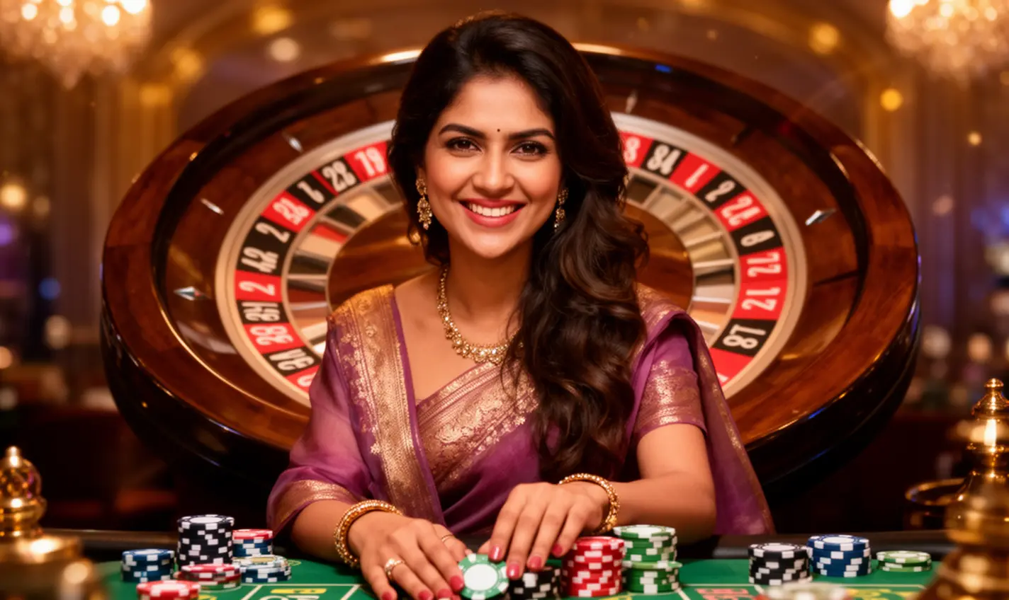 Stylish Bangladeshi woman holding casino chips in front of a roulette wheel highlighting the immersive live casino experience at 84BD