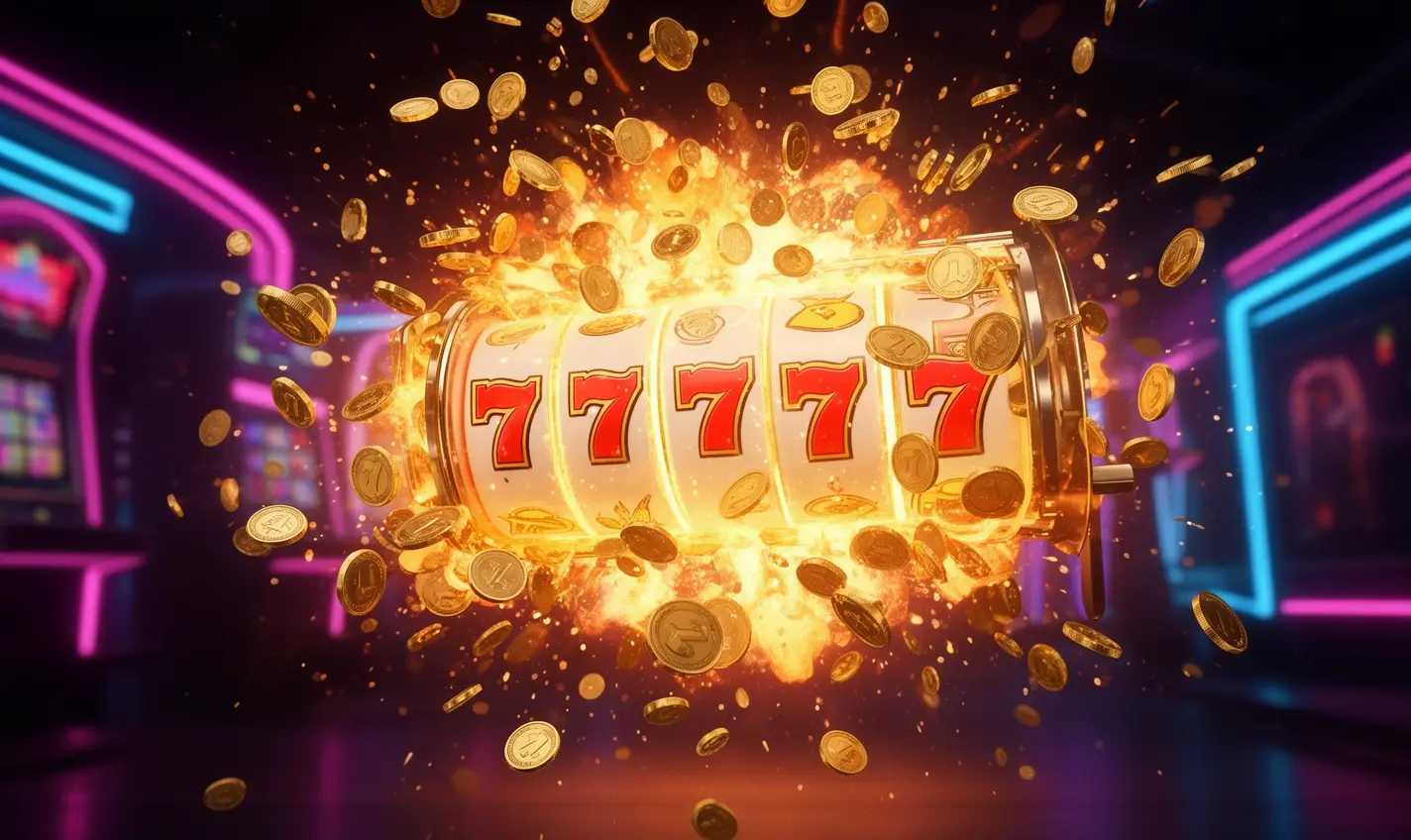 A vibrant slot machine showing triple sevens with golden coins flying around capturing the excitement of hitting the jackpot at 84BD online casino in Bangladesh